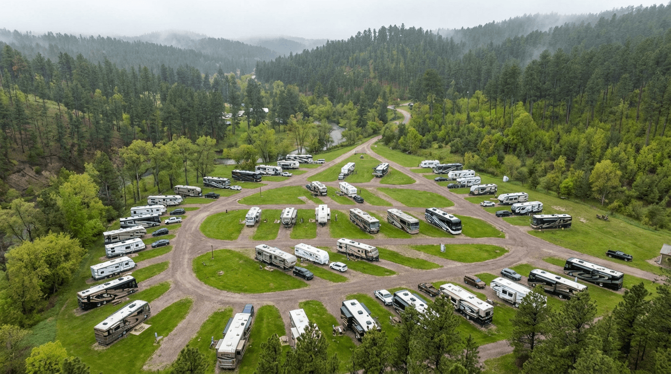 Aerial view of Rush No More RV Resort and campground in the Black Hills, Sturgis SD