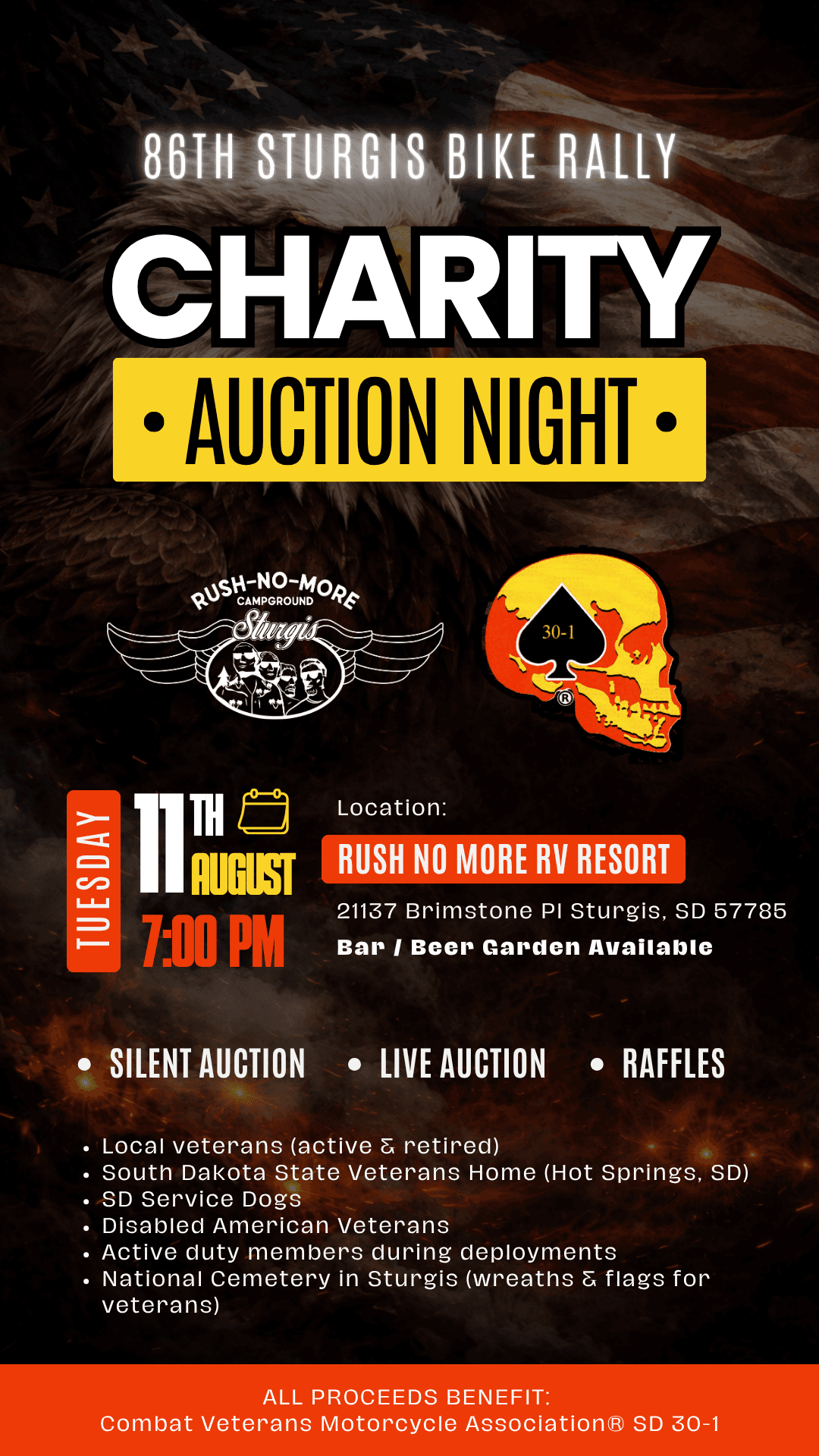 86th Sturgis Bike Rally Charity Auction Night flyer at Rush No More RV Resort, Tuesday August 11 at 7 PM