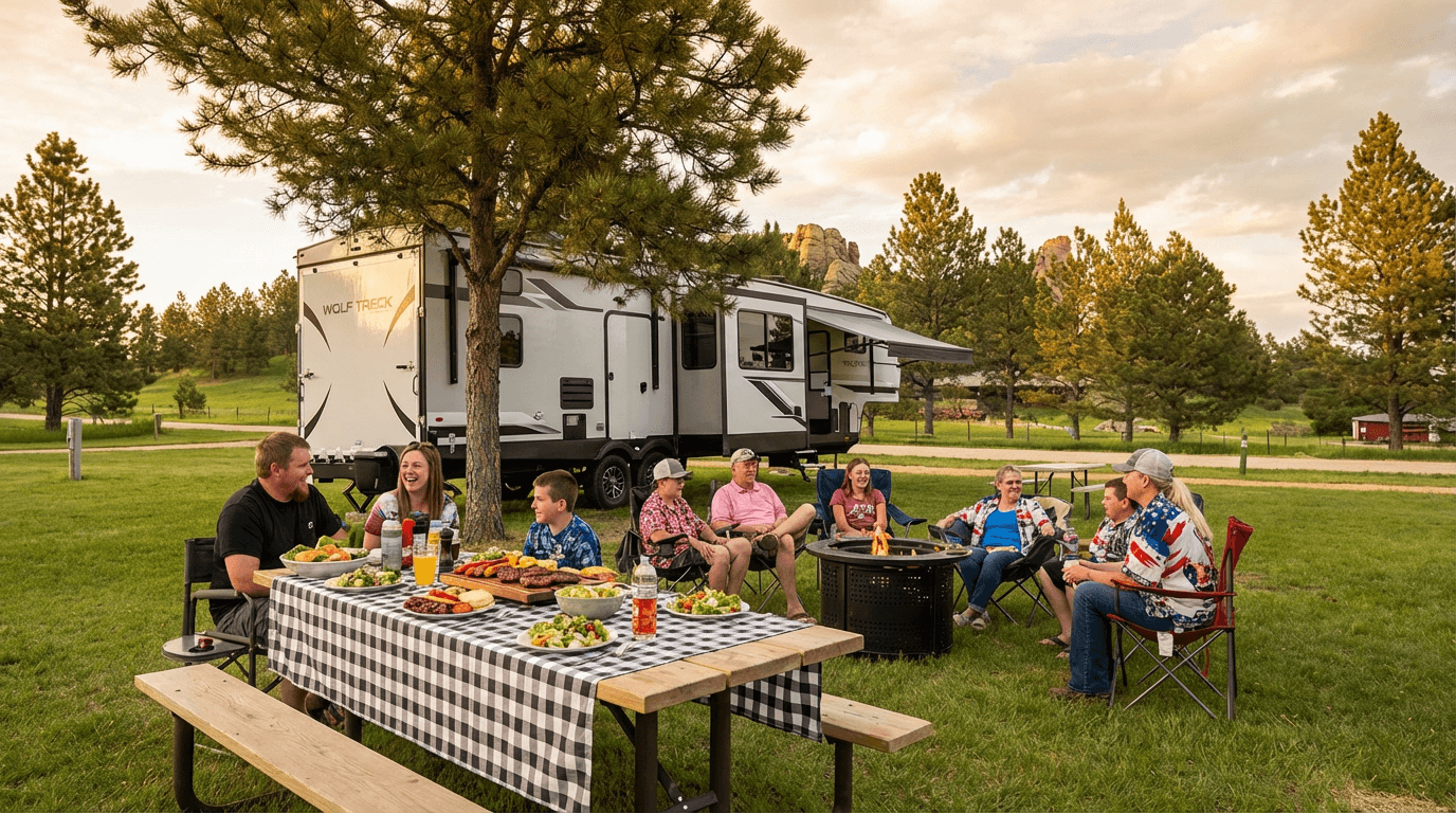 Rush No More luxury RV site with cement slab and gas BBQ